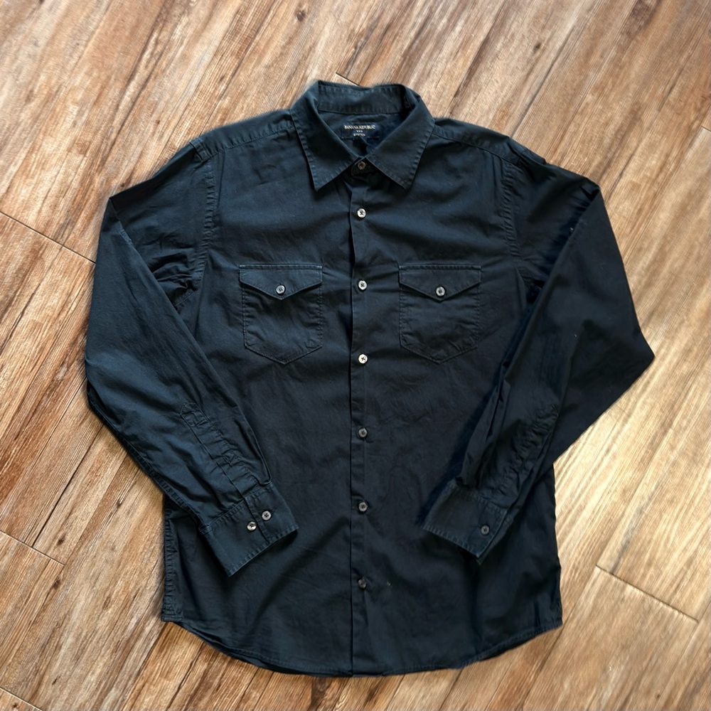 Vintage Banana Republic Men's Medium 15-15.5 Black Stretch Button-Down Shirt